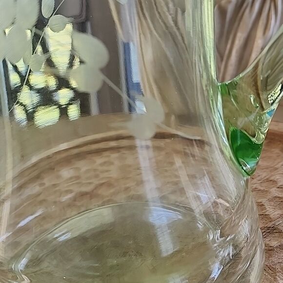 Vintage Vaseline Glass Pitcher Uranium Etched Glass Floral - Picture 3 of 13